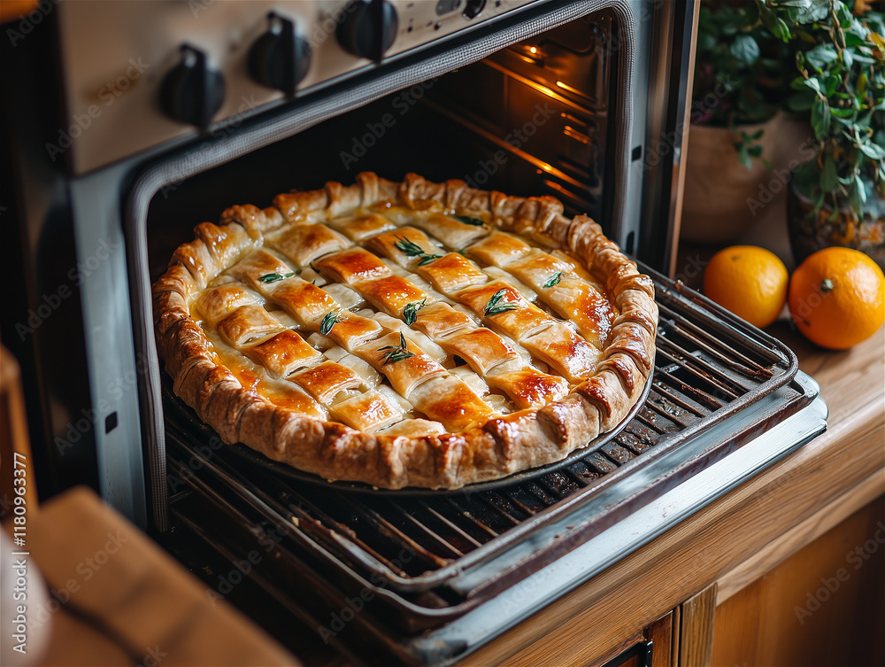 Photo of a Dessert: A Tasty Pie Cooking in the Oven Photo of a Dessert: A Tasty Pie Cooking in the Oven