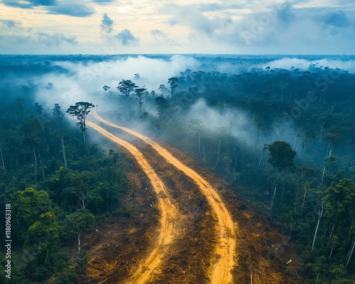 Above the devastation, Amazon Rainforest deforestation from the sky, vast areas of cleared forest, environmental impact of logging photo