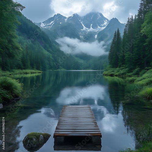 Fototapeta Naklejka Na Ścianę i Meble -  Serene mountain lake with wooden dock.