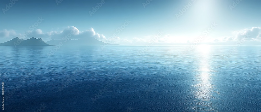 Serene ocean scene with distant islands under a bright sun. Serene ocean scene with distant islands under a bright sun.