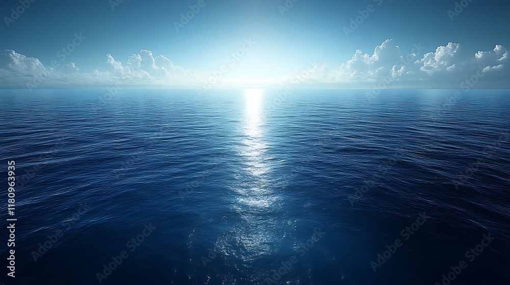 Obraz premium Serene ocean sunrise, calm water reflecting sunlight.