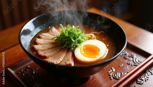 Steaming bowl of delicious ramen noodles with pork