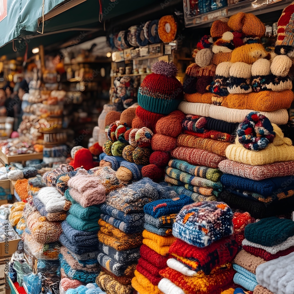 Fototapeta premium Colorful knitted winter clothing at a market stall.