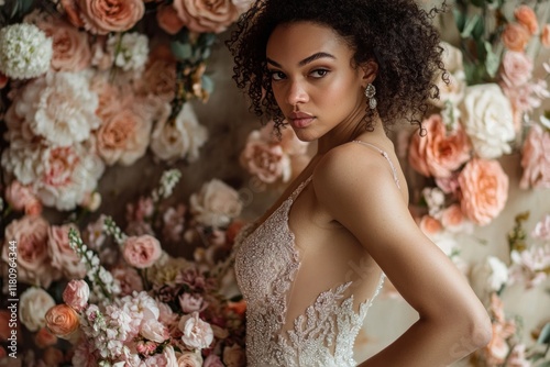 Slim young woman in a fitted mermaid gown with intricate beading, standing beside a floral wall, looking thoughtfully at her bouquet, half-body shot capturing intimate pre-ceremony moments photo