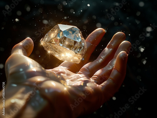 Diamonds uncut float above the man's hand on a black background.