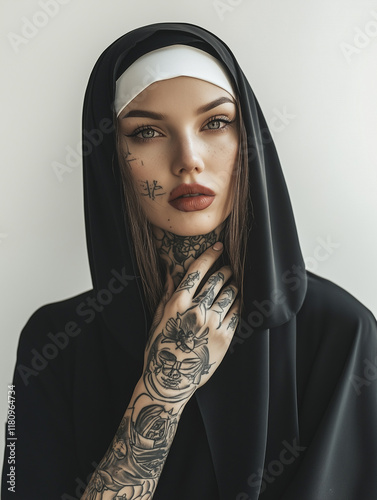 Elegant nun in a dark cape with a sad yet glamorous expression in a studio setting