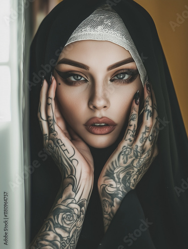 Elegant nun in a dark cape with a sad yet glamorous expression in a studio setting