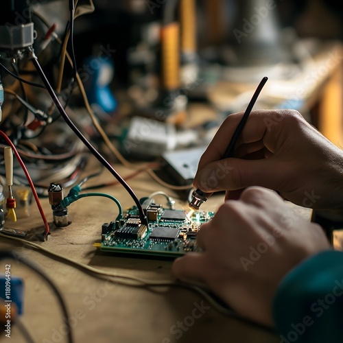 A photo of a person soldering wires for a DIY electronics project. photo