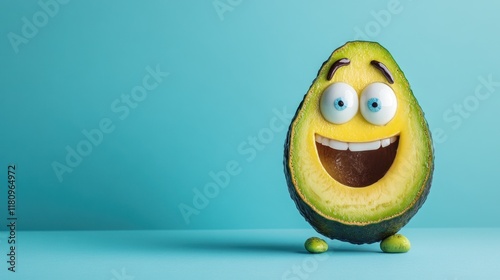 Funny avocado cartoon character on a teal background. photo