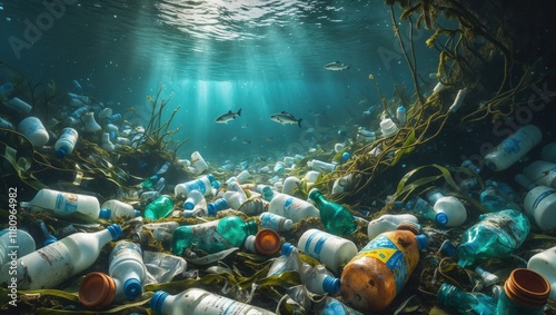 Submerged Debris: An Underwater Scene of Plastic Bottles and Fish photo