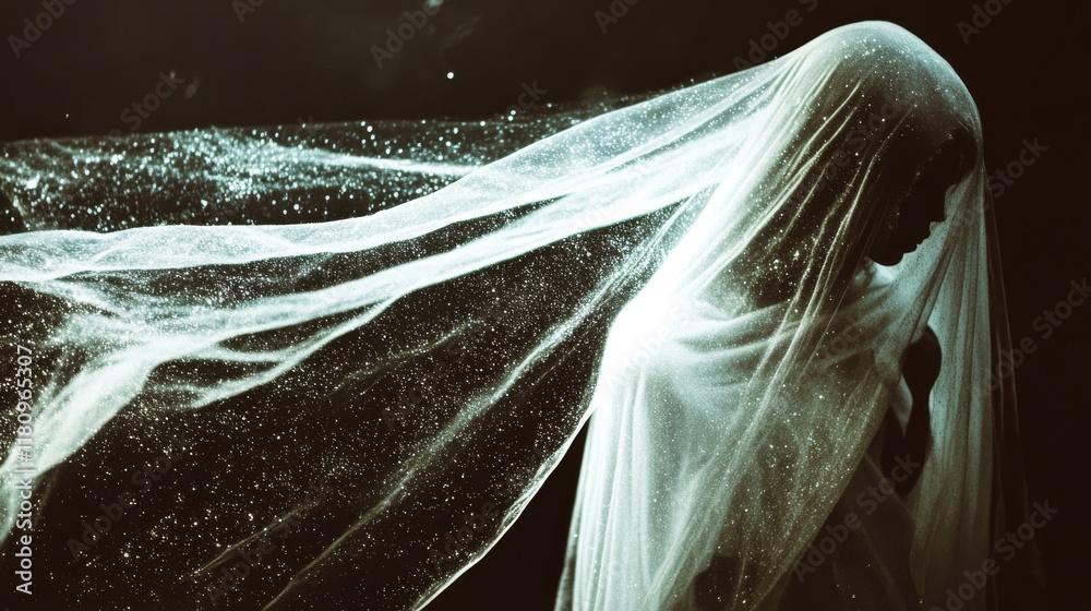 Fototapeta premium A mysterious figure draped in an airy, shimmering veil converges with the darkness, exuding ethereal beauty and intrigue.