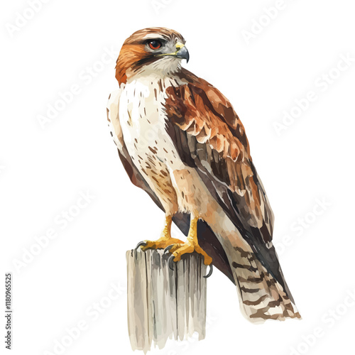 A watercolor painting of a hawk perched on a fence post, isolated on a white background. Hawk perched fence post vector.
