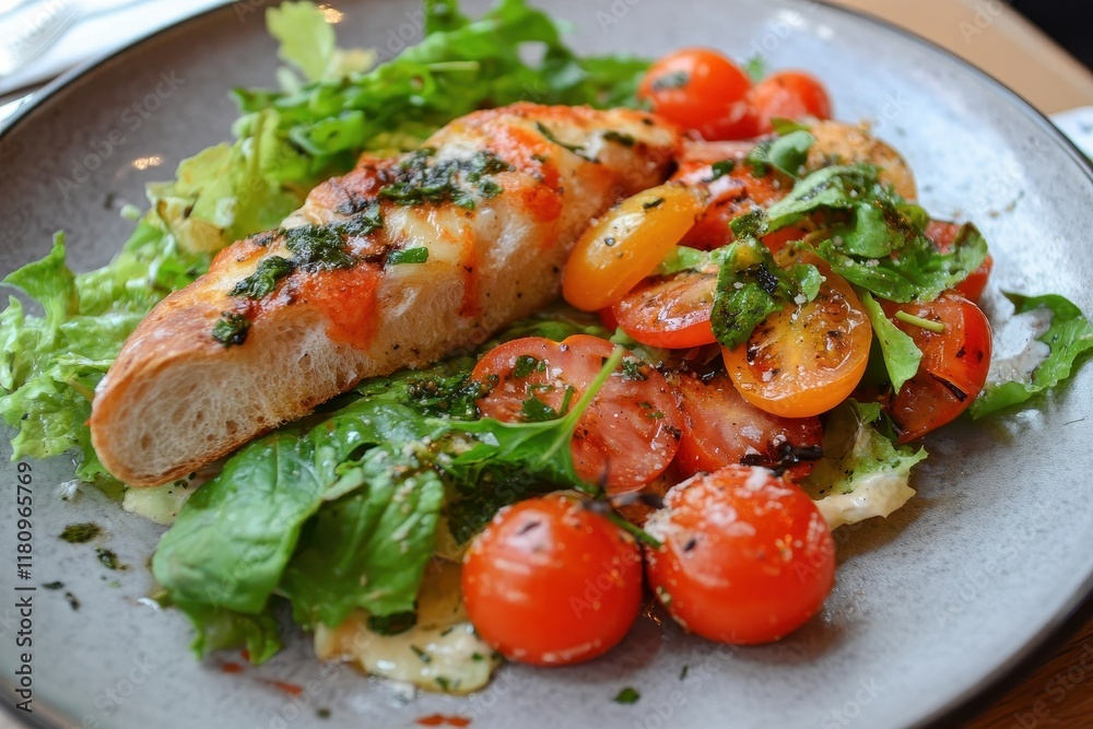 Grilled bread, tomato salad, restaurant lunch Grilled bread, tomato salad, restaurant lunch
