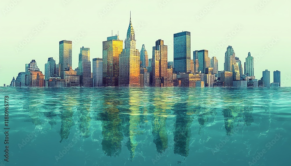 Fototapeta premium Illustration of city under water, buildings and streets submerged by rising sea levels, urban submersion and climate change impact