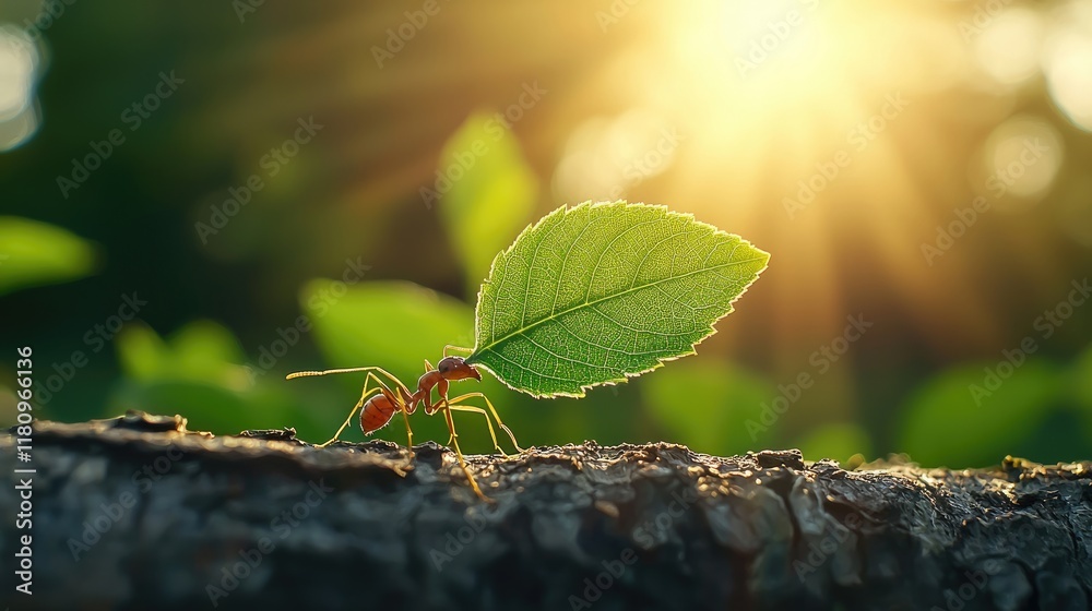 Ant Carrying Leaf in Sunlit Forest, Close-Up View of Insect and Nature Interactions in a Vibrant Ecosystem Ant Carrying Leaf in Sunlit Forest, Close-Up View of Insect and Nature Interactions in a Vibrant Ecosystem