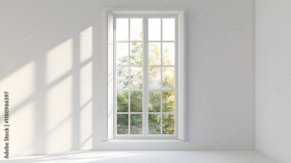 Fototapeta premium A narrow window with a long vertical frame, offering a serene view against a white background.