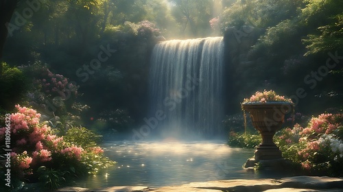 Serene waterfall cascading into a tranquil pond, surrounded by lush pink rhododendrons and an ornate stone urn. photo