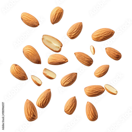 Wallpaper Mural collection of almonds scattered across a white background. showcasing their natural texture and color some almonds are whole. while one is sliced. revealing the inner nut this composition highlights t Torontodigital.ca