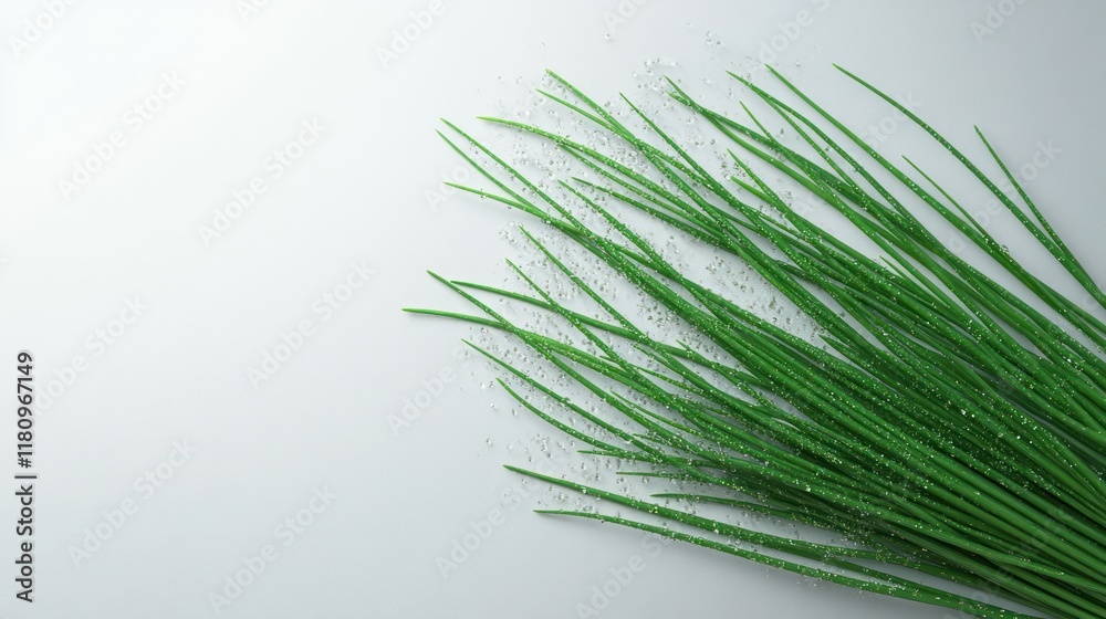 Obraz premium Fresh chives, dew drops, white background, recipe backdrop