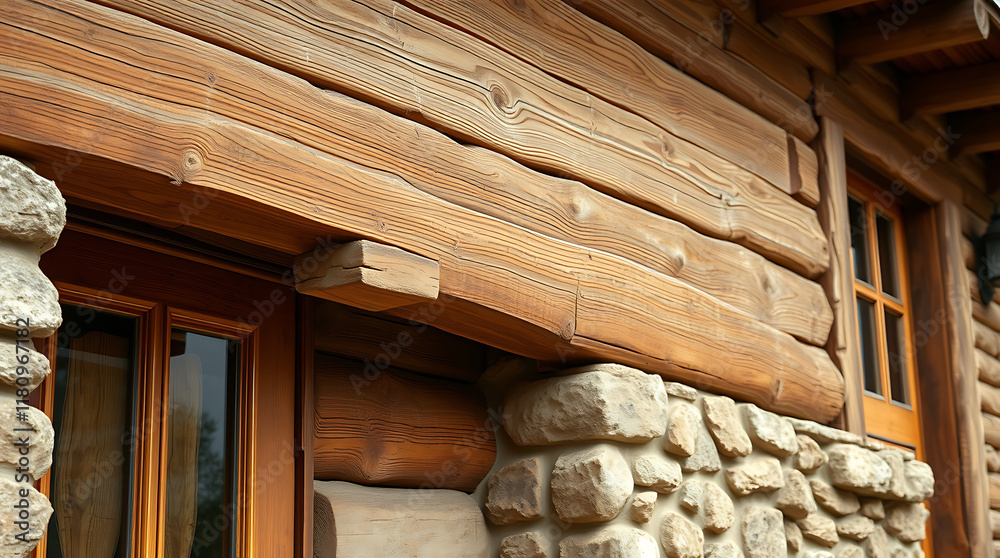 Log Cabin Exterior with Stone Foundation and Wooden Window Log Cabin Exterior with Stone Foundation and Wooden Window