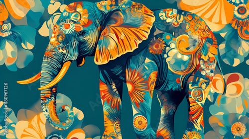 Colorful Elephant in Floral Pattern: A vibrant and whimsical illustration of an elephant adorned with intricate floral patterns, showcasing a burst of colors and textures. perfect for textile design.