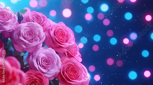 Vibrant Pink Roses with Colorful Bokeh Background in Soft Focus, Beautiful Floral Arrangement for Romantic Themes