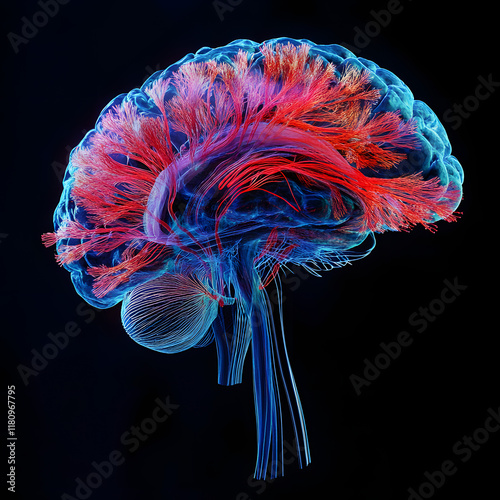 3D Illustration of human brain nerve tracts based on magnetic resonance imaging (MRI) data. photo