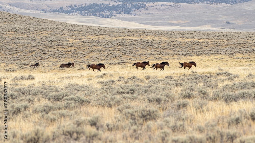 Wild horses galloping across a vast, dry, grassy plain under a hazy sky. Wild horses galloping across a vast, dry, grassy plain under a hazy sky.