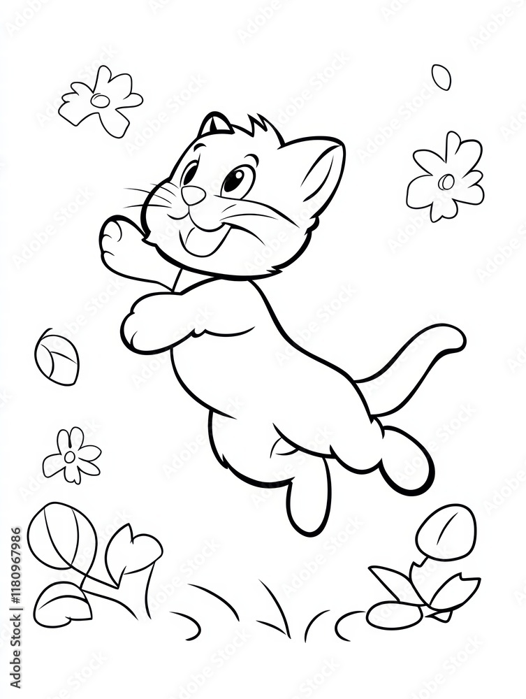 Fototapeta premium Playful Kitten Leap: An adorable cartoon kitten joyfully leaps amidst a shower of flowers and leaves, a charming illustration perfect for children's books, coloring pages, or whimsical designs. 