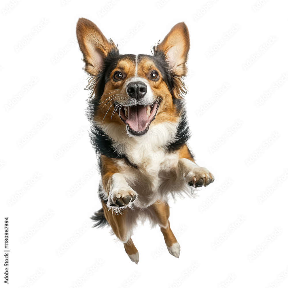 a joyful dog leaps into the air with a big smile. showcasing its playful and energetic nature against a plain white background essence of happiness and enthusiasm. making it ideal for pet-related con a joyful dog leaps into the air with a big smile. showcasing its playful and energetic nature against a plain white background essence of happiness and enthusiasm. making it ideal for pet-related con