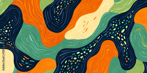 Abstract Swirls of Color:  A vibrant and dynamic abstract design with bold, flowing lines and textured shapes in a palette of deep blue, orange, green, and cream. photo