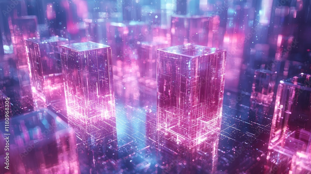 Cyberpunk Cityscape: A Digital Neon Future. Glowing Structures and Vibrant Colors in a Futuristic Urban Fantasy. Explore the Abstract Art of a Visionary Digital World.