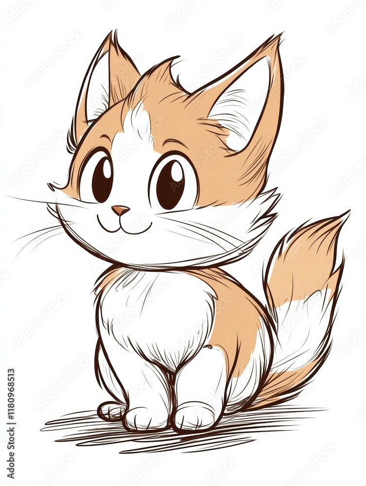 Fototapeta premium Adorable Cartoon Kitten: A charming illustration of a cute orange and white kitten, sitting and looking directly at the viewer with big, expressive eyes. The style is simple.