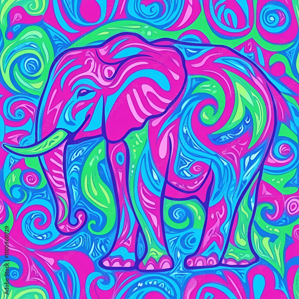 Fototapeta premium Psychedelic Elephant: A vibrant, abstract illustration of an elephant standing against a backdrop of swirling, psychedelic patterns, featuring vibrant pink, blue, and green colors.