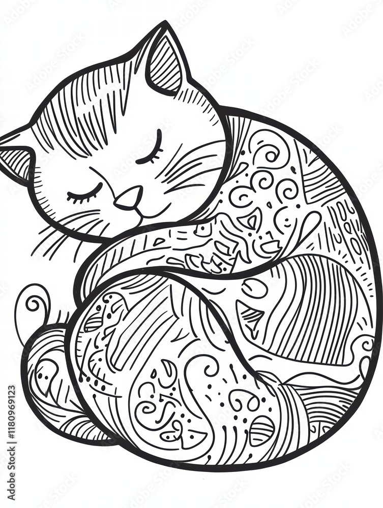 Sleeping Cat Zentangle: A peaceful cat curled up in a sleep, detailed with intricate Zentangle patterns. Perfect for coloring books, adult coloring pages, or relaxation themes. Sleeping Cat Zentangle: A peaceful cat curled up in a sleep, detailed with intricate Zentangle patterns. Perfect for coloring books, adult coloring pages, or relaxation themes.