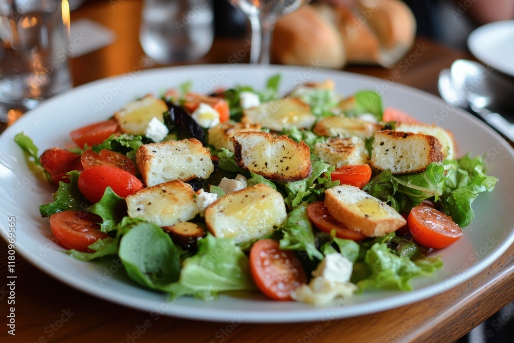 Restaurant crouton salad, lunch, table setting, background blurred Restaurant crouton salad, lunch, table setting, background blurred
