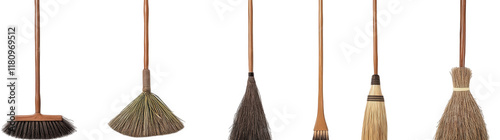 collection of various types of brooms arranged in a row. showcasing different designs and materials used for cleaning each broom has a distinct shape and purpose. indicating their specific uses for sw photo