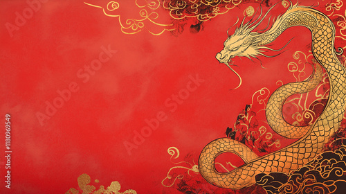 Golden Chinese dragon statue on a red decorative wall with traditional oriental patterns, Luxury red card Chinese Dragon Boat Festival. photo