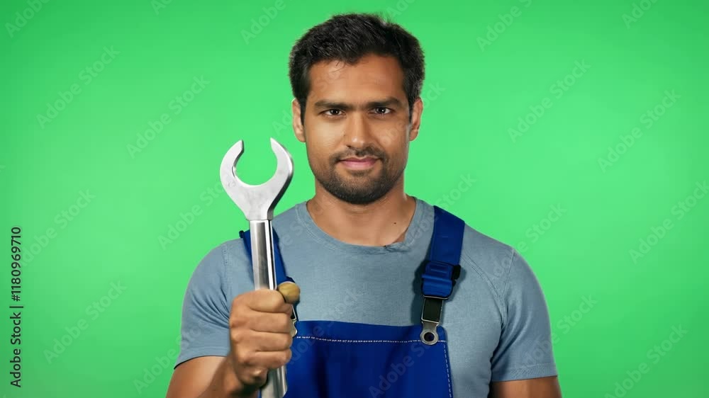 Portrait of a Mechanic Holding a Wrench Against a Green Screen Portrait of a Mechanic Holding a Wrench Against a Green Screen