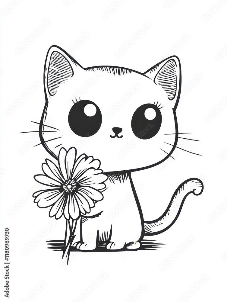 Fototapeta premium Adorable Kitten with Daisy: A charming black and white illustration of a cute kitten holding a daisy. Perfect for coloring books, children's books.