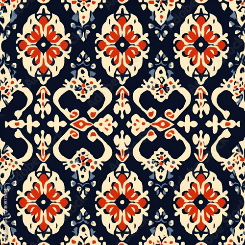 Crimson & Navy Ikat Textile: A seamless pattern of intricate, repeating floral designs in rich crimson, navy, and cream tones. Perfect for fashion, home decor, and textile design projects. 