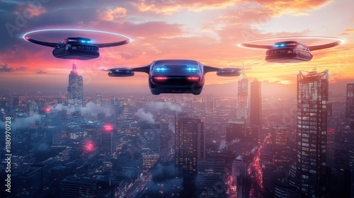 Futuristic aerial vehicles hover above a cityscape at sunset.  Urban transportation technology.  Innovative aerial taxis in flight over illuminated metropolis.  Modern city skyline.  Aerial perspectiv photo