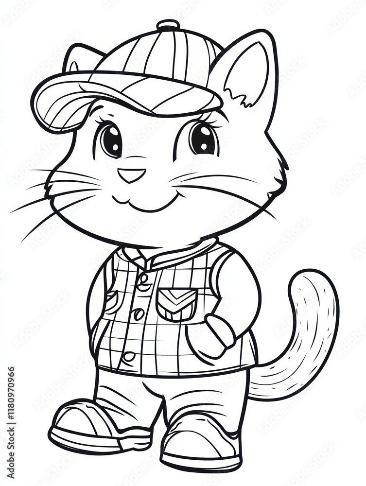 Cool Cat in Casual Wear: An adorable cartoon cat sports a stylish baseball cap and plaid vest, exuding confidence and charm in a charming line drawing style. Perfect for coloring pages. Cool Cat in Casual Wear: An adorable cartoon cat sports a stylish baseball cap and plaid vest, exuding confidence and charm in a charming line drawing style. Perfect for coloring pages.