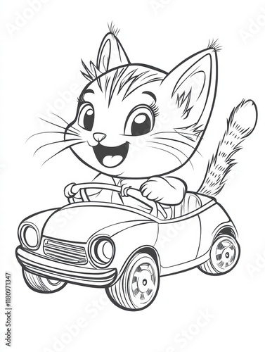 Happy Cat Driving a Car: Adorable cartoon kitten enjoying a ride in a classic car. perfect for children's books, coloring pages, and cute illustrations 