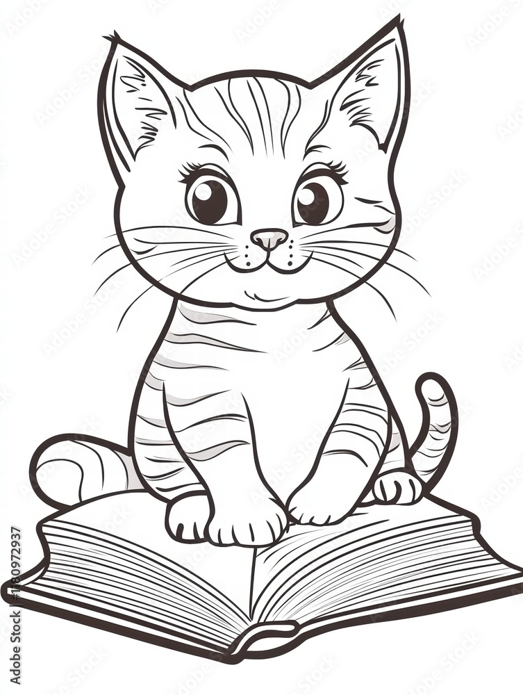 Curious Kitten: A charming illustration of a sweet kitten perched on a large open book, inviting children to color their own delightful scene. Curious Kitten: A charming illustration of a sweet kitten perched on a large open book, inviting children to color their own delightful scene.