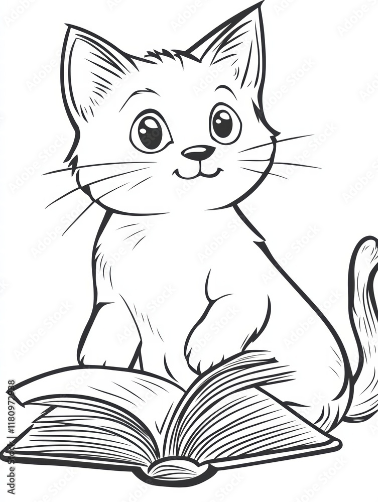 Obraz premium Curious Kitten and Book: An adorable cartoon kitten, eyes wide with curiosity, sits attentively beside an open book, inviting young readers to explore the joy of learning and storytelling.