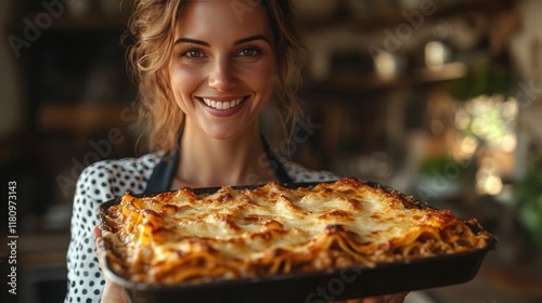 Woman smiling, presenting homemade lasagna in kitchen