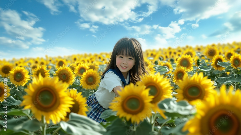 ひまわり畑で遊ぶ日本人の女の子 ひまわり畑で遊ぶ日本人の女の子