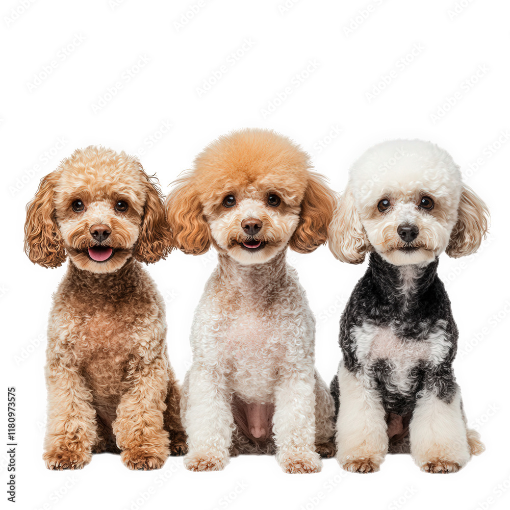 three adorable poodles sitting side by side. showcasing their fluffy coats in shades of brown. white. and black their cheerful expressions and distinct hairstyles highlight their playful nature. makin three adorable poodles sitting side by side. showcasing their fluffy coats in shades of brown. white. and black their cheerful expressions and distinct hairstyles highlight their playful nature. makin