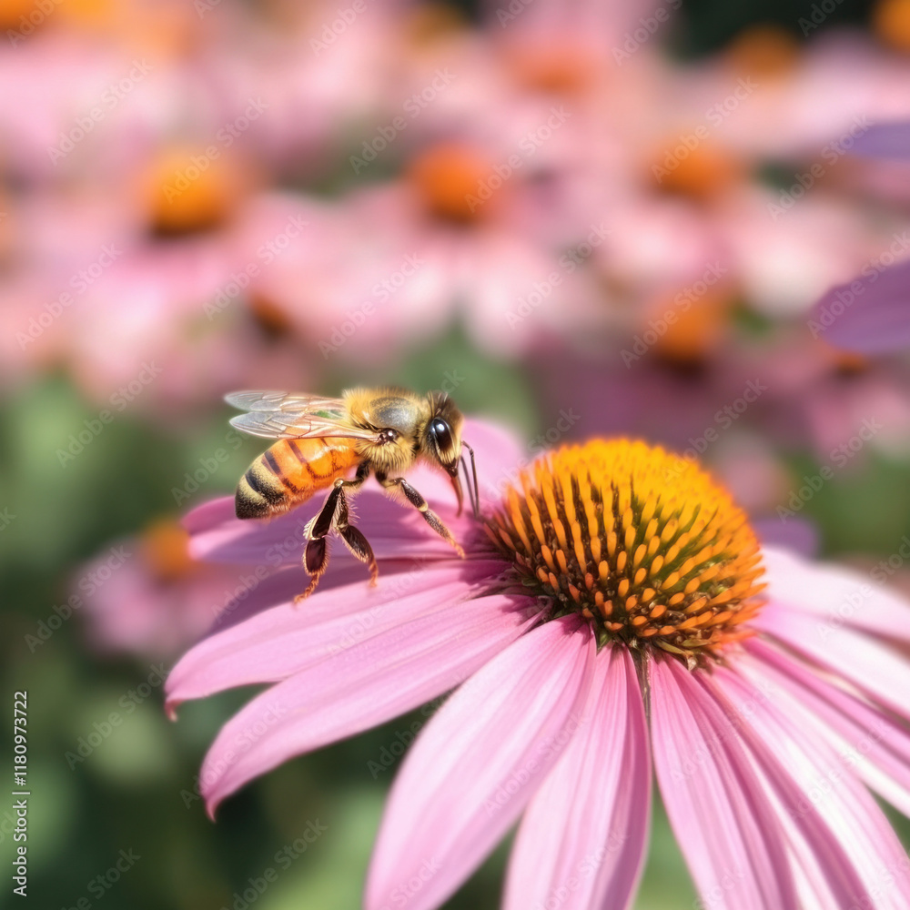 bee collecting nectar from pink flower in vibrant garden. scene captures beauty of nature and importance of pollinators bee collecting nectar from pink flower in vibrant garden. scene captures beauty of nature and importance of pollinators